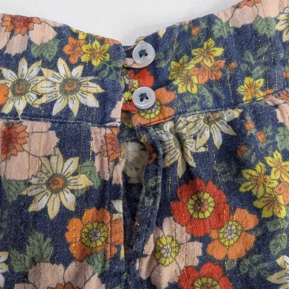 Bonton Paris Girls Calypso Floral Midi Dress 70s Navy Blue Lurex Tiered Size 4